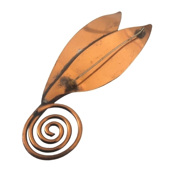 Copper Southwestern Leaf Brooch with Scroll Detail Stem - Picture 3 of 5